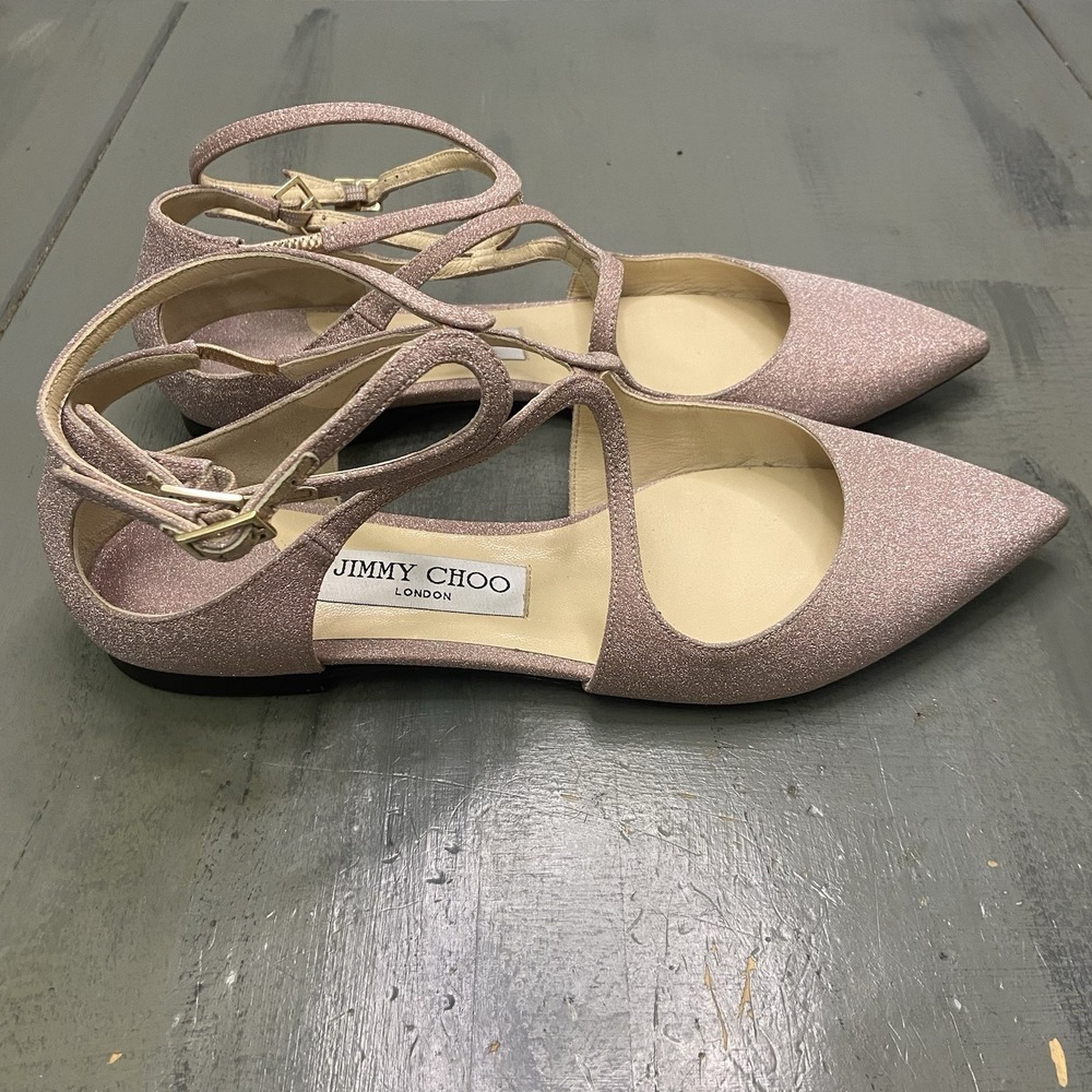 JIMMY CHOO Womens 38 Lancer Ballerina flat PinkGlitter Braided Strap Pointed Toe - Picture 2 of 9